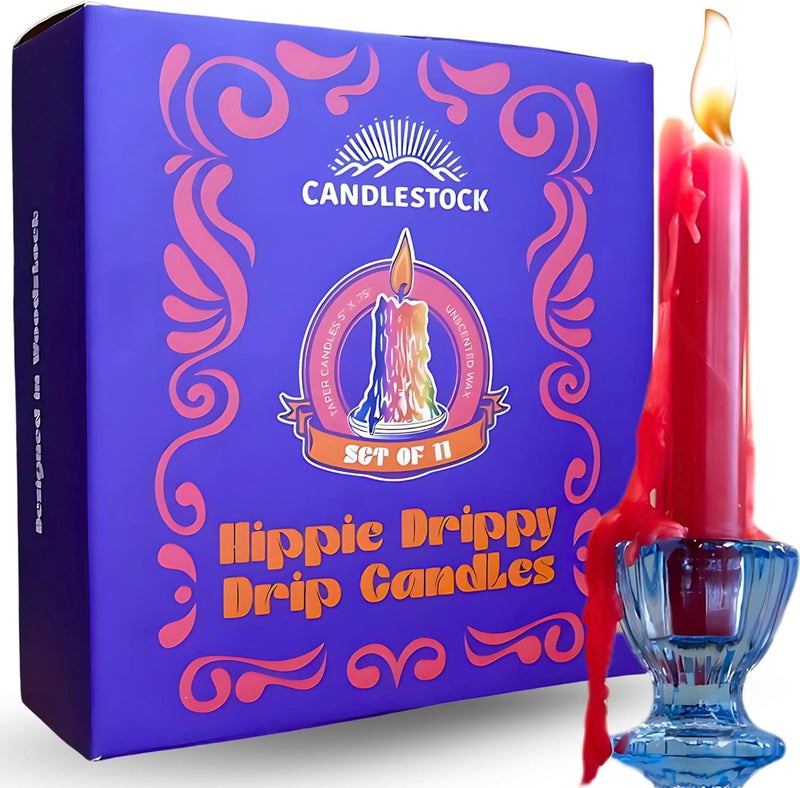 Candlestock Hippie Drippy Drip Candles - Pack of 11 Dripping Taper Candles - Wine Bottle Melting Candles (Red) - Image 1